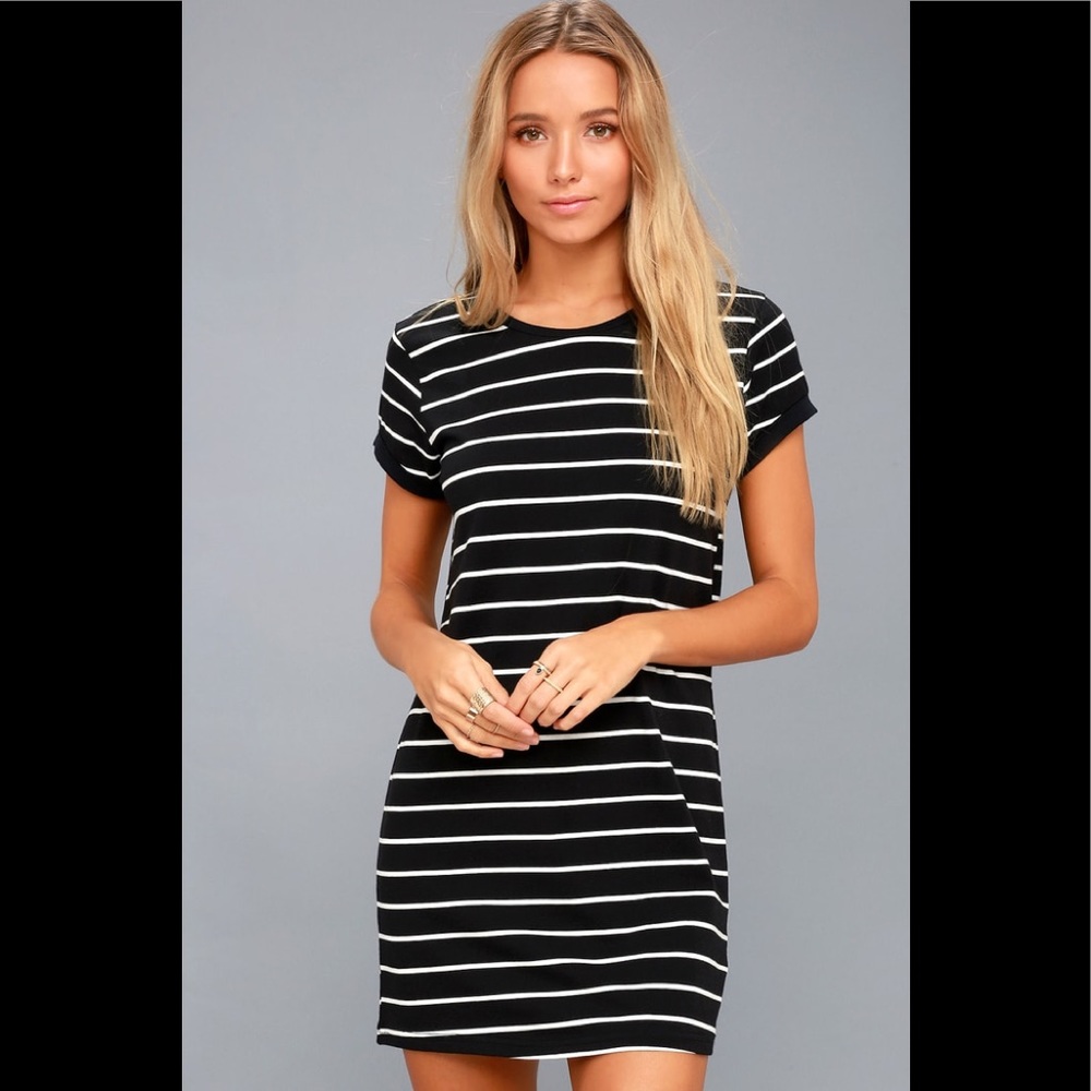 LULUS Cafe Society Black Striped Shirt Dress